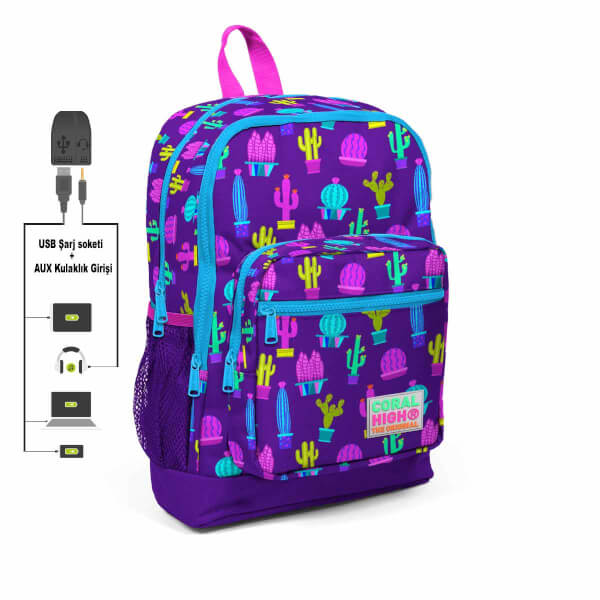 Coral High USB-AUX Soketli Kaktüs Okul Çantası 23273