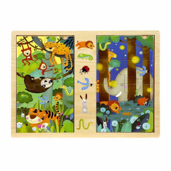 Woody Gece ve Gündüz Hayvanlar Ahşap Puzzle 8 + 8 Parça