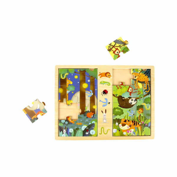 Woody Gece ve Gündüz Hayvanlar Ahşap Puzzle 8 + 8 Parça